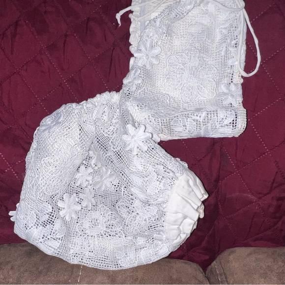 For Love & Lemons White Floral Lace SKIRT AND Puff Sleeve CROP TOP SET - Picture 8 of 10